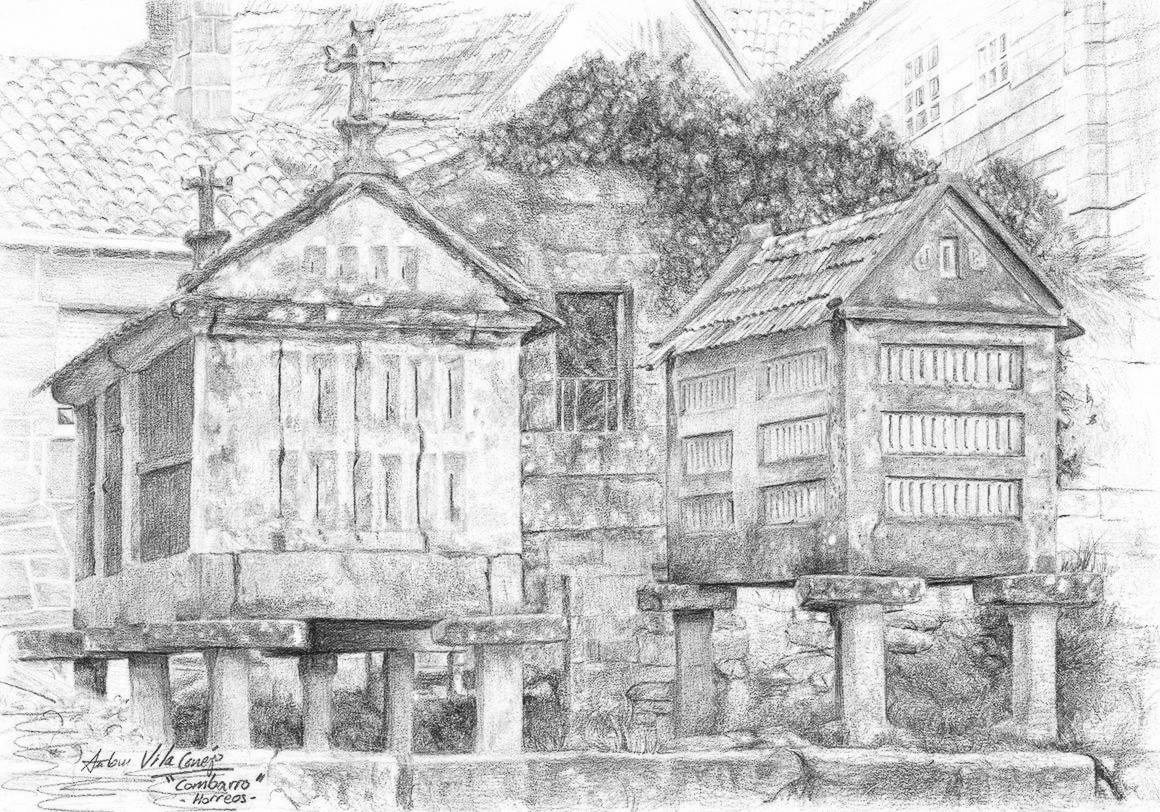 DOs horreos en Combarro Pontevedra, dibujo