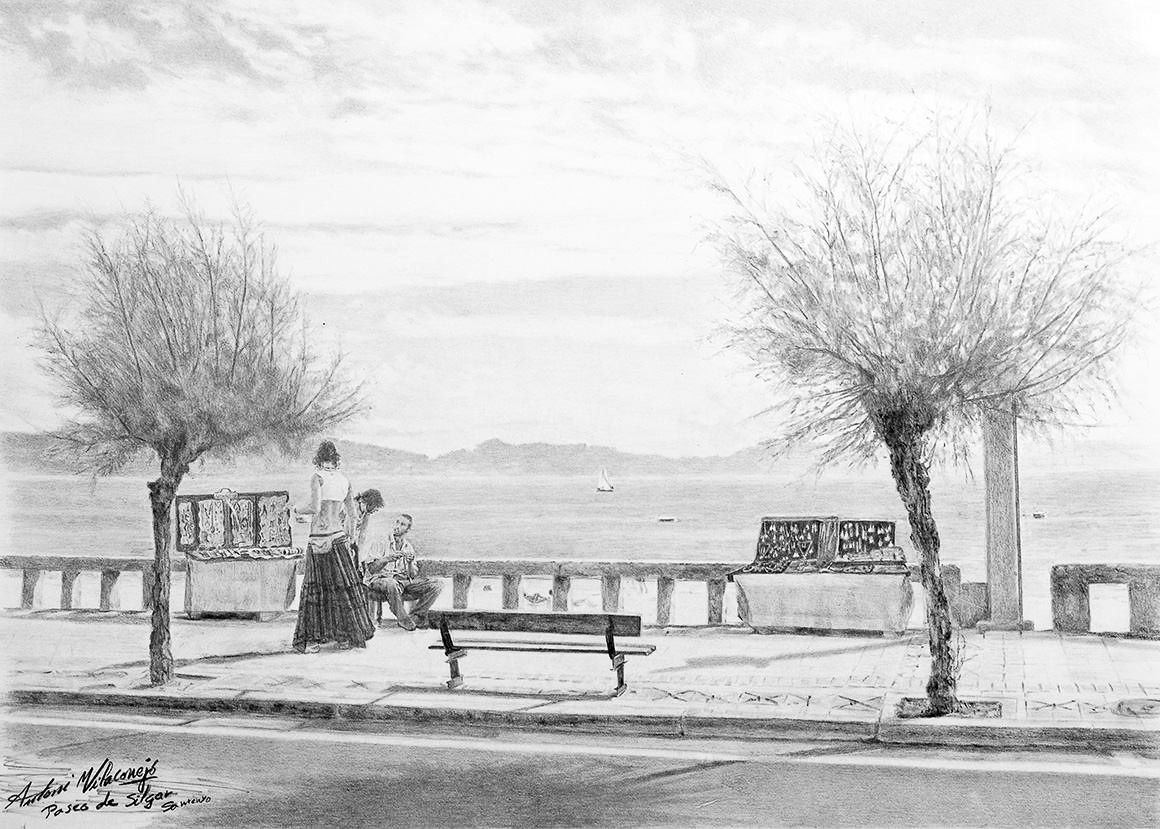 Puestos de artesania en el Paseo de Silgar Sanxenxo dibujo
