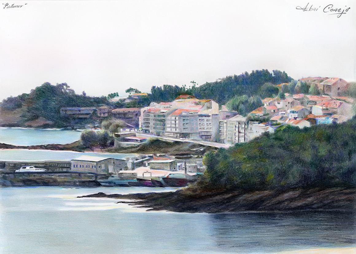 Portonovo visto de Laxe, dibujo ceras color