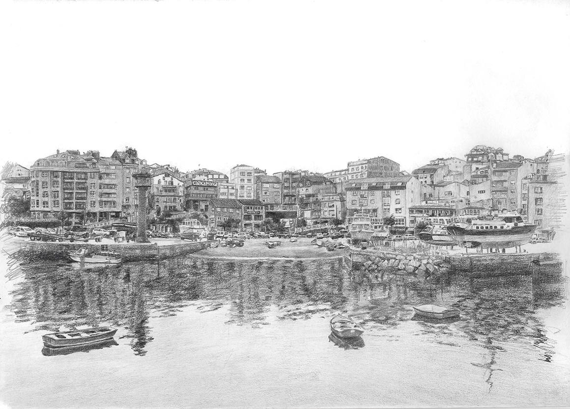 Pantalan de Portonovo visto desde el mar dibujo