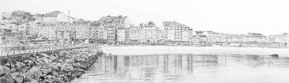 Panorámica de Portonovo visto desde el muelle de O Chasco dibujo