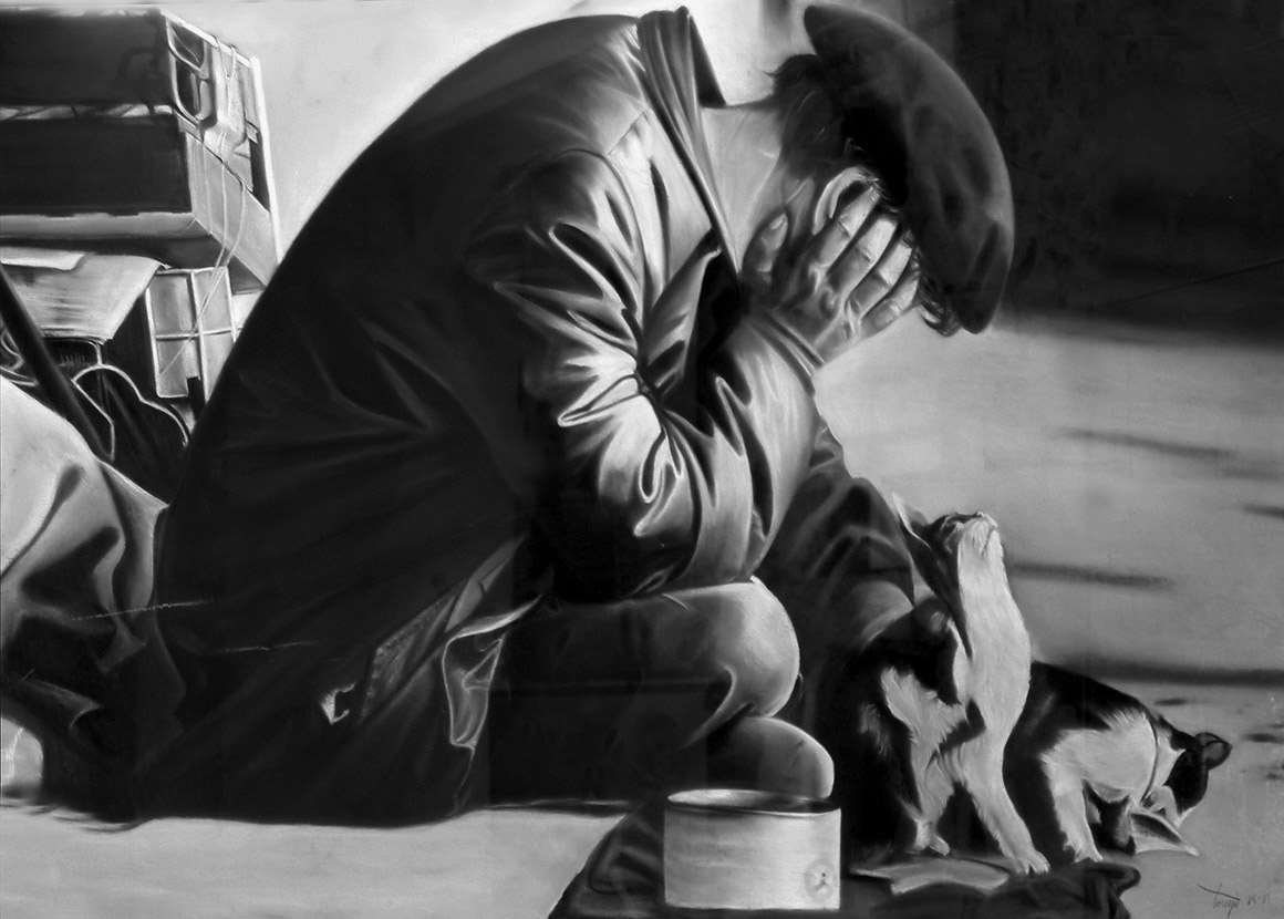 Mendigo con gatos, dibujo al pastel blanco y negro