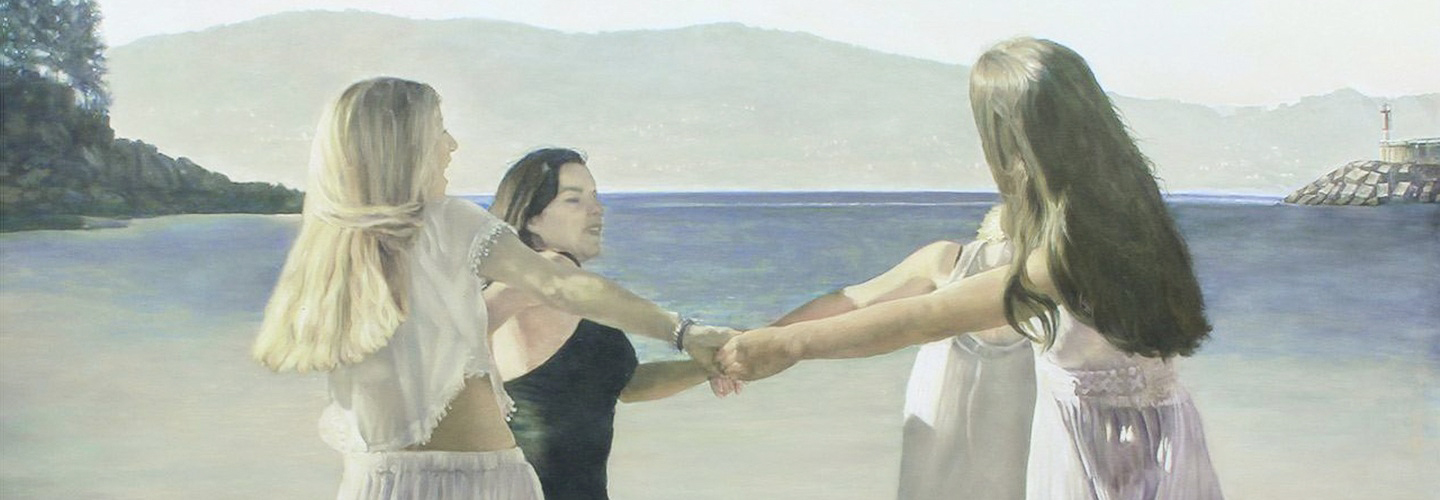 Cuatro chicas danzando en Praia de Baltar, pintura al óleo detalle